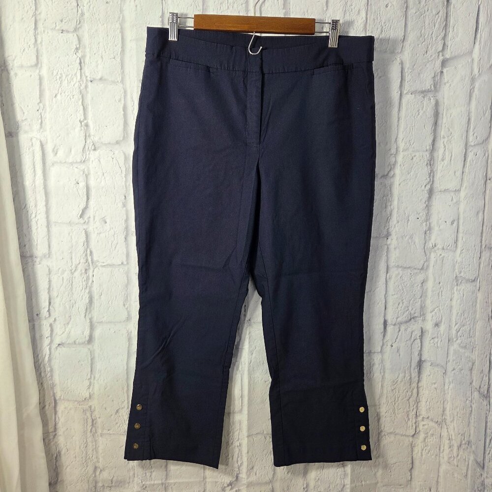 Anne Klein Size 14 Dark Navy Blue Pull On Crop Capri Pants Gold Hem Detail